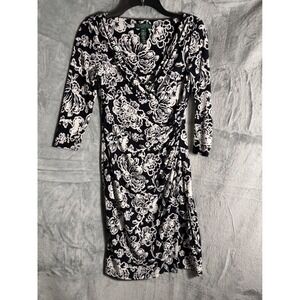 Lauren Ralph Lauren Women's Navy White Floral print Ruched Sheath‎ Dress Size 4P
